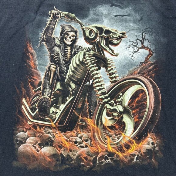 Vintage Biker Flames Skull Graphic Tee Mens 3XL y2k Short Sleeve Ghost Rider - Picture 2 of 12